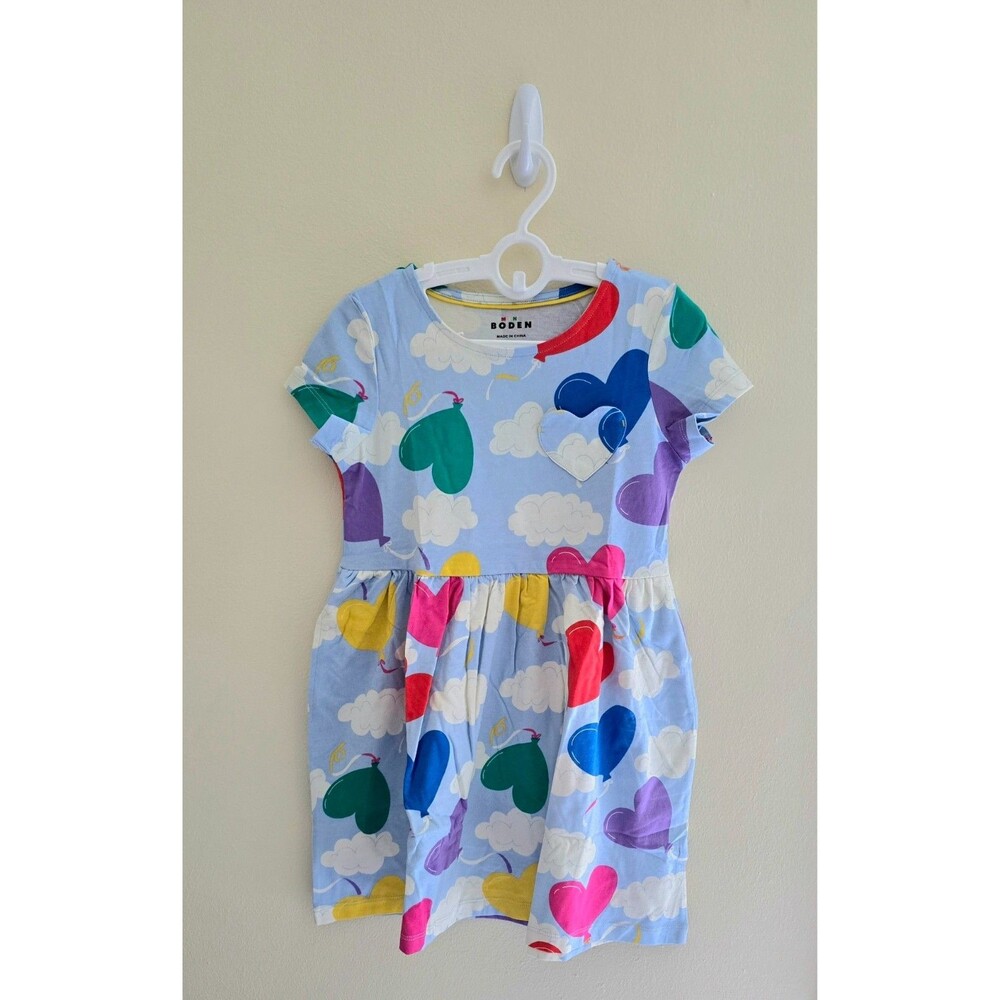 NWOT Mini Boden Heart Pocket Fun Jersey Dress Balloon Clouds, 6/7, 9/10-11/12
